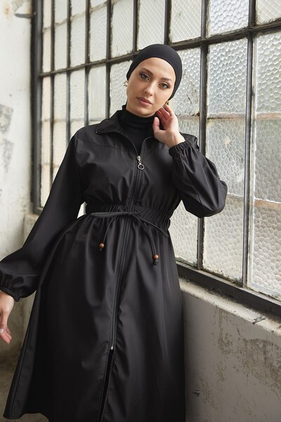 Esre Store Bel Büzgülü Tesettür Trençkot Siyah