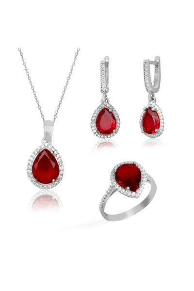 Silveranka 925 Ayar Gümüş Yakut Kırmızısı Su Damlası Takı Seti