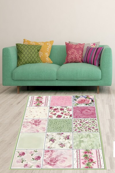 Pelangi Patchwork Kırkyama Gül Desenli Vintage Yıkanabilir Kaymaz Taban Leke ...