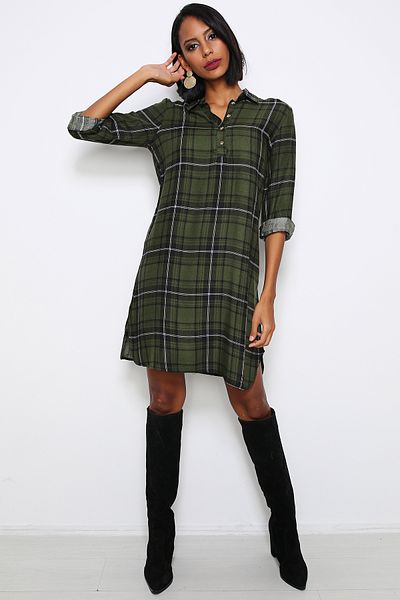 AVORWE Shirt Collar Plaid Side Slit Dress