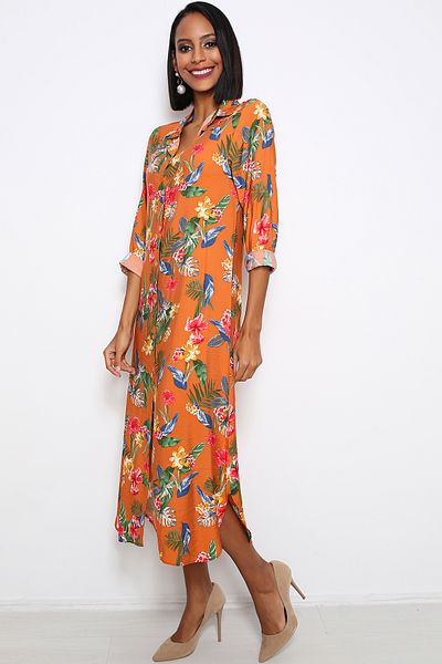 AVORWE Shirt Collar Floral Front Button Midi Dress