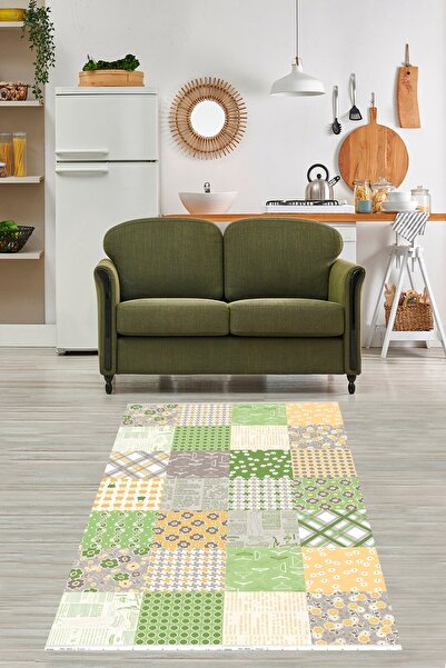 Pelangi Patchwork Kırkyama Desenli Yeşil Yıkanabilir Kaymaz Taban Leke Tutmaz...