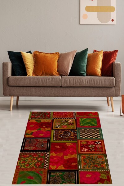 Pelangi Etnik Geleneksel Patchwork Desenli Yıkanabilir Kaymaz Taban Leke Tutm...
