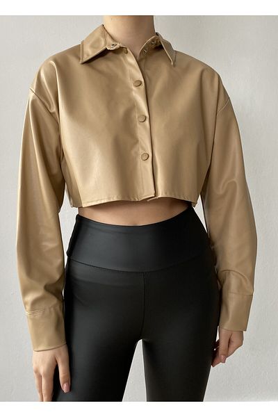 minaaise 26062 Model Cămașă din piele crop bej