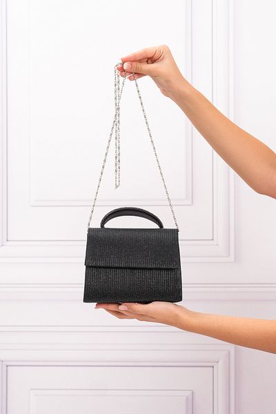 ROZA CANTA Women's Black Breast Stone Handle Detailed Evening Shoulder Bag