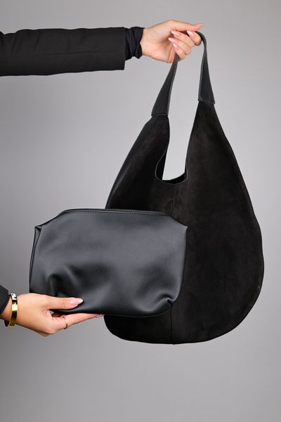 LuviShoes Geantă de umăr pentru femei din piele de căprioară naturală Puja Black Skin