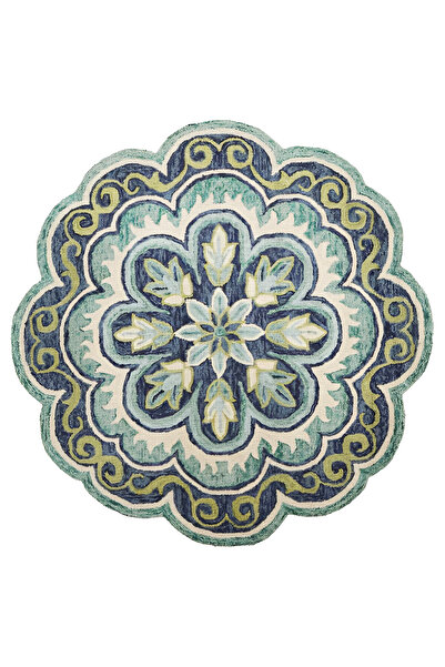 Rugs Modern Halı Mavi Ton Geleneksel Motif Çiçek Desenli Dokuma Taban Yuvarlak Dekoratif Halı 2095