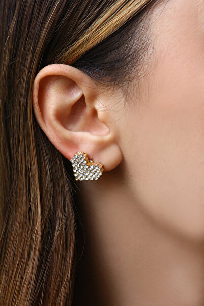 takıtarzım Gold zircon stone heart shaped earrings