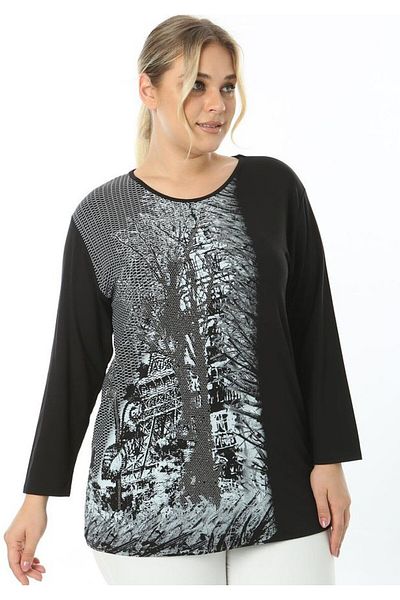 STAK WOMAN Plus Size Black Color Thin Viscose Blouse with Stone Detail