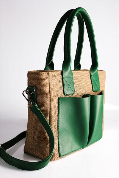 Rimense Women's Straw Green Pocket Long Strap Lined Medium Size Tote Bag