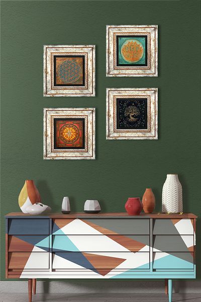 Pinecone Flower of Life, Tree of Life, Lotus Flower, Sri Yantra Stone Wall Painting Framed Wall Decor 4 Pieces