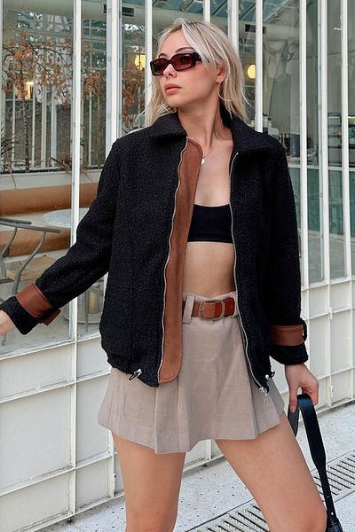 Swist Black Zippered Nubuck Cuff Detailed Women's Boucle Coat