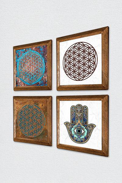 Pinecone Flower of Life, Fatma Mother Hand Stone Wall Painting with Wooden Frame Wall Decor 4 Piece Painting Set W4-419