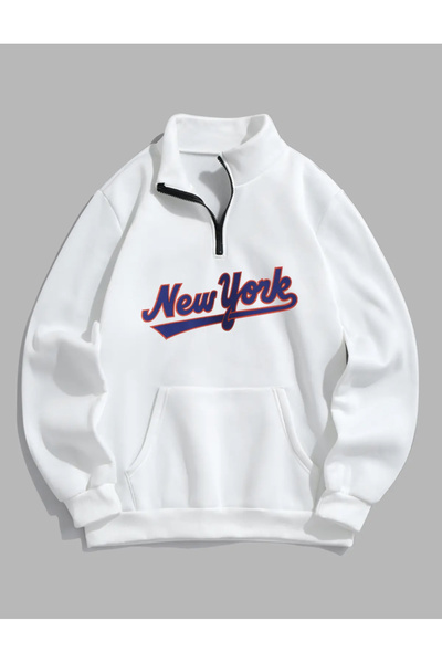 ALİKA Hanorac supradimensionat, alb, unisex, cu guler înalt New York, cu fermoar