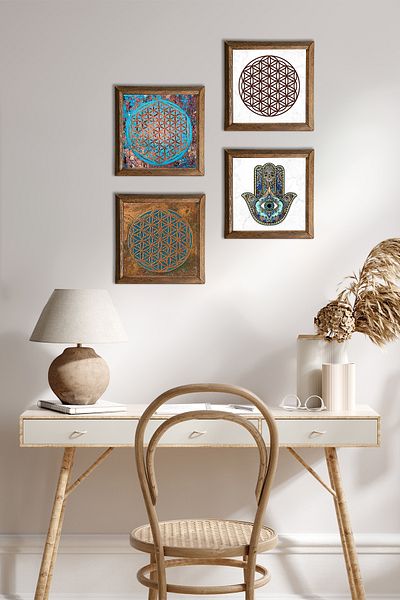 Pinecone Flower of Life, Fatma Mother Hand Stone Wall Painting with Wooden Frame Wall Decor 4 Piece Painting Set W4-419
