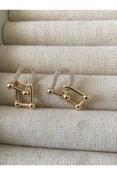 Zirkon taşlı Tiffany tasarım küpe, gold