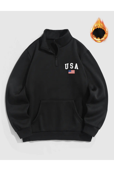 ALİKA Hanorac supradimensionat unisex, negru, SUA, cu guler înalt, cu fermoar