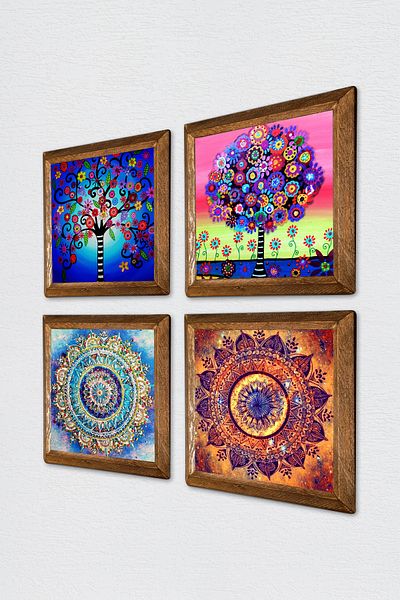 Pinecone Mandala, Tree of Life Stone Wall Painting Wood Framed Wall Decor 4 Piece Painting Set W4-846