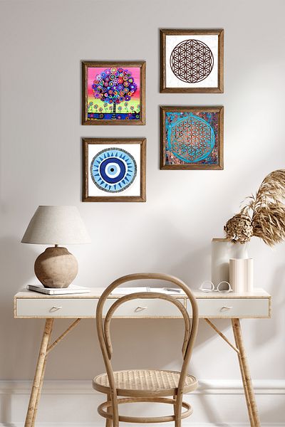 Pinecone Evil Eye, Flower of Life, Tree of Life Stone Wall Painting Wooden Framed Wall Decor 4 Piece Painting W4-834