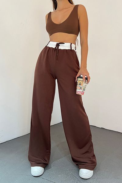 Sun Victoria Γυναικείο καφέ παντελόνι με λεπτομέρεια δύο κλωστών με ελαστική μέση με φαρδύ πόδι