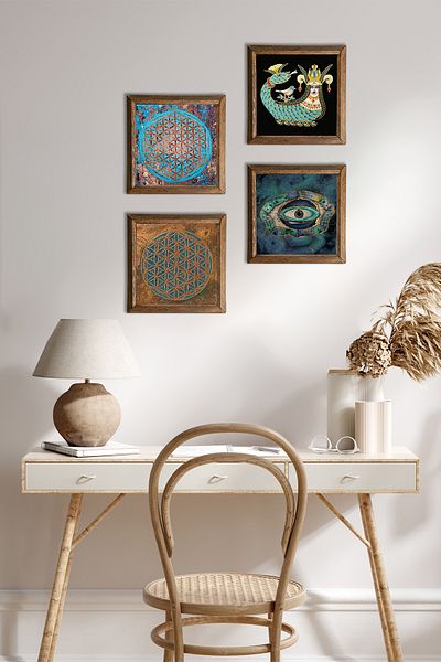 Pinecone Evil Eye, Floarea Vieții, Pictură pe perete din piatră Shahmeran Decor de perete cu rame din lemn Set de 4 picturi W4-483