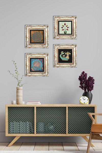 Pinecone Flower of Life, Tulip, Shahmeran Stone Wall Painting Framed Wall Decor 4 Piece Painting Set Tk4-462