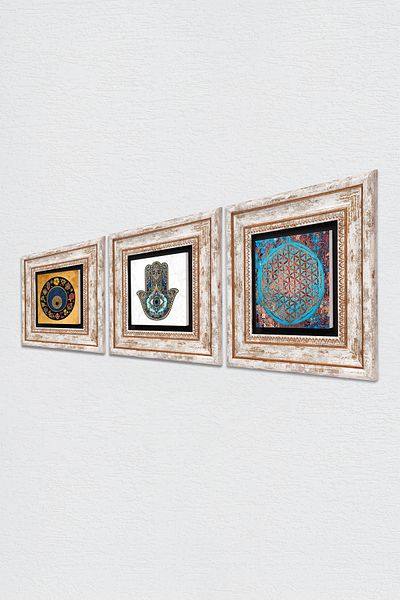 Pinecone Flower of Life, Evil Eye Bead, Hand of Mother Fatma (Hamsa) Stone Wall Painting Framed Wall Decor 3 Pieces