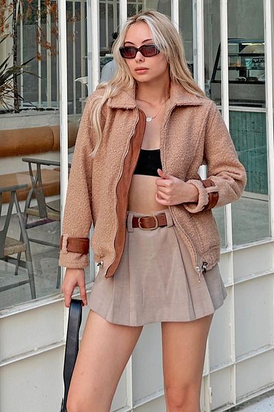 Swist Mink Zippered Nubuck Cuff Detailed Women's Boucle Coat