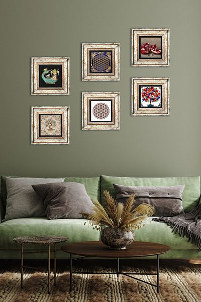 Pinecone Flower of Life, Shammeran, Tree of Life, Pomegranate, Pomegranate Tree Stone Wall Painting Framed Wall Decor 6 Piece