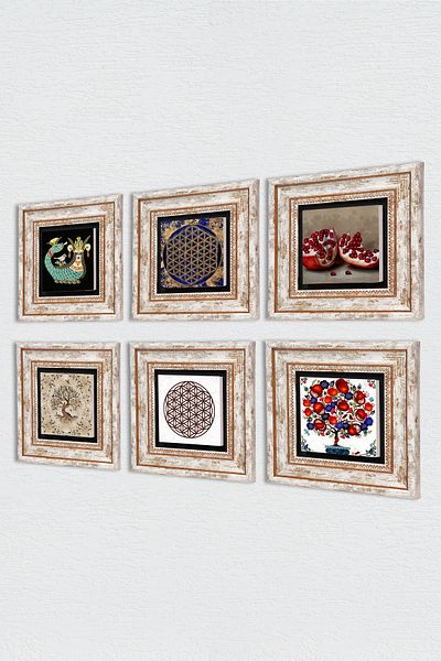 Pinecone Flower of Life, Shammeran, Tree of Life, Pomegranate, Pomegranate Tree Stone Wall Painting Framed Wall Decor 6 Piece
