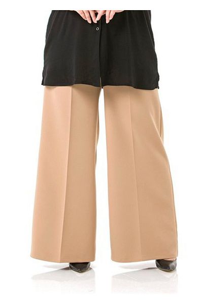 Aşkı Endam Large Size Mayra Side Pocket Dumbbell Crepe Wide Leg Trousers - Mink