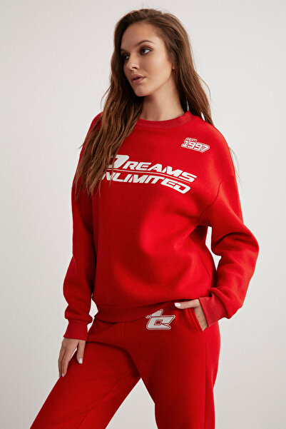 GRIMELANGE Darcy Women's Crew Neck Long Sleeve Elastic Waist Printed Red Tracksuit Set