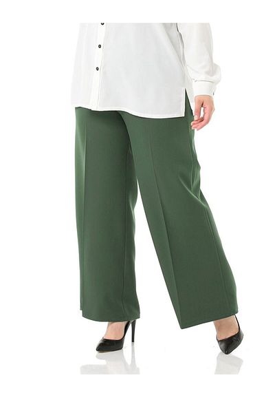 Aşkı Endam Large Size Mayra Side Pocket Dumbbell Crepe Wide Leg Trousers - Khaki