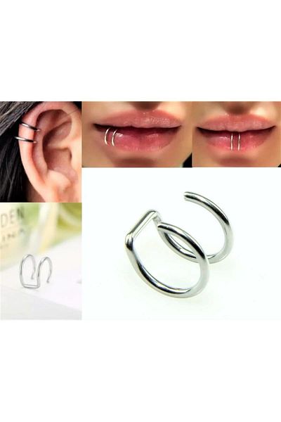 Piercing Market Steel & Silver Perforation-Free Compression Unisex Fake Lip Nose Ear Cartilage Septum 316l Surgical Steel Ear Cuff Earrings