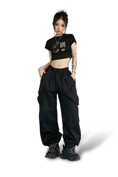 Violon Unisex Black Tactical Wide Leg Cargo Pocket Elastic Wide Leg Loose Cut Oversize Cargo Pants