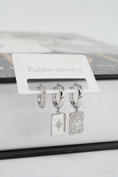 By Zeyna Aksesuar Women's Vip Series Zircon Stone 3-Piece Earrings