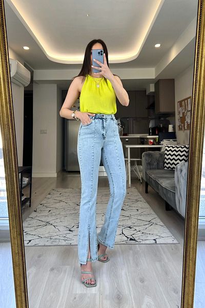 Geppetto Julia Blue Snow Wash Lycra cu talie înaltă cu fantă în față Jean-Blue