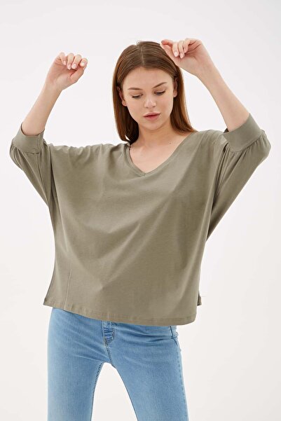 Fashion Friends V Yaka Truvakar Kol Bluz Haki