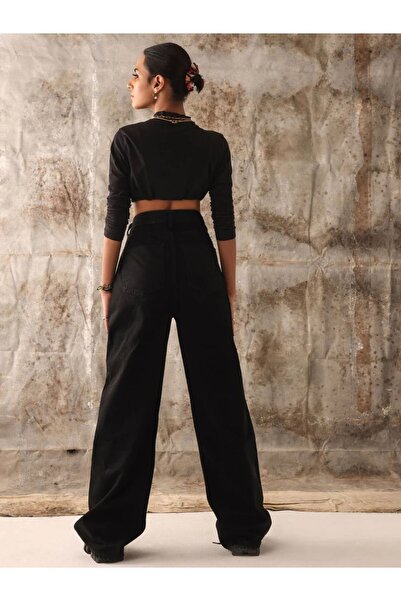 Geppetto Μαύρο Super Extra Ψηλόμεσο Wide Leg Palazzo Loose Jean Παντελόνι (παραγγείλτε ένα νούμερο μεγαλύτερο)