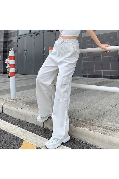 Geppetto Julia High Waist Cargo Pocket Jeans White Cargo Pocket Jeans