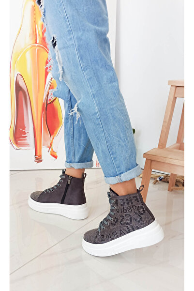 GDT Ayakkabı Gri Renk Süet Taş İşlemeli Bağcıklı Bot