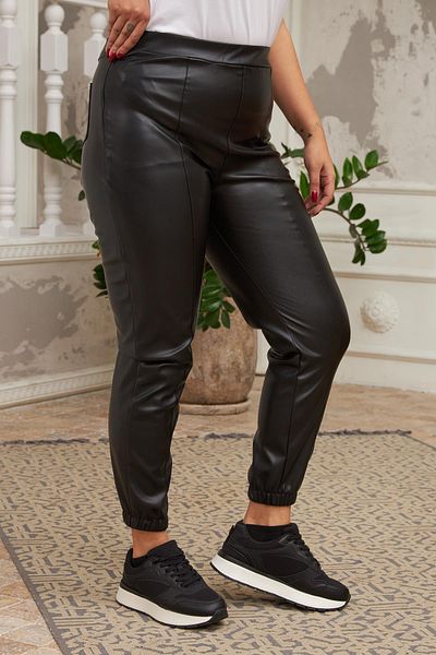 RMG Black Leather Trousers with Elastic Legs and Side Zipper