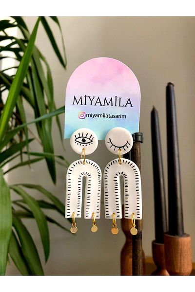 TREND Bohemian Alaçatı Style Black Striped Polymer White Steel Earrings
