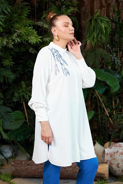 RMG Embroidery and Stone Embroidered Plus Size Long Ecru Shirt Tunic
