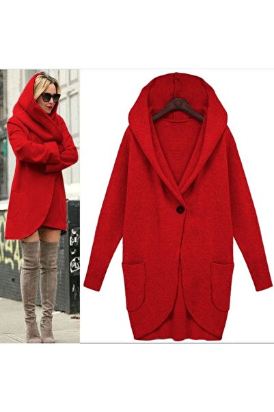 Genel Markalar Kadın Kapüşonlu Cep Detaylı Düğmeli Tunik Hırka