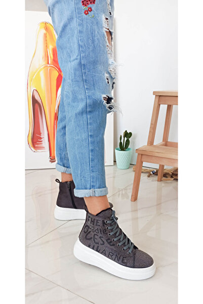 GDT Ayakkabı Gri Renk Süet Taş İşlemeli Bağcıklı Bot