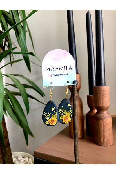 TREND Sunflower Patterned Summer Navy Blue Polymer Clay Earrings