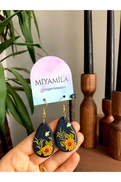 TREND Sunflower Patterned Summer Navy Blue Polymer Clay Earrings