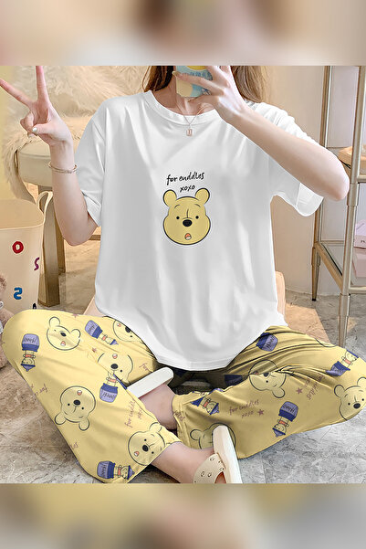 PEMBİŞ HOMEWEAR Hunny2 Zezeyle Trend T-Shirt Pantolon Pooh Baskılı Pijama Takımı