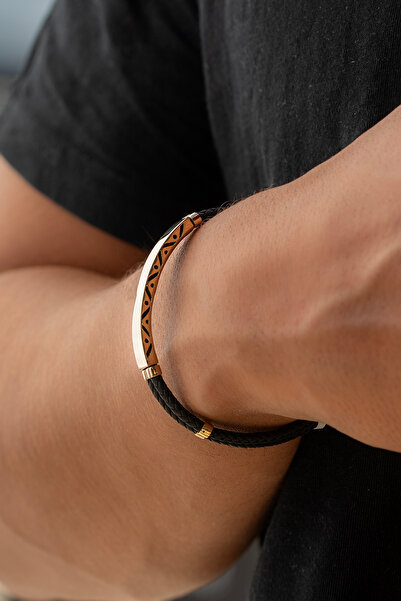 Uşaklıhafız 1945 14 Ayar Altın Bar Siyah Kauçuk Erkek Bileklik